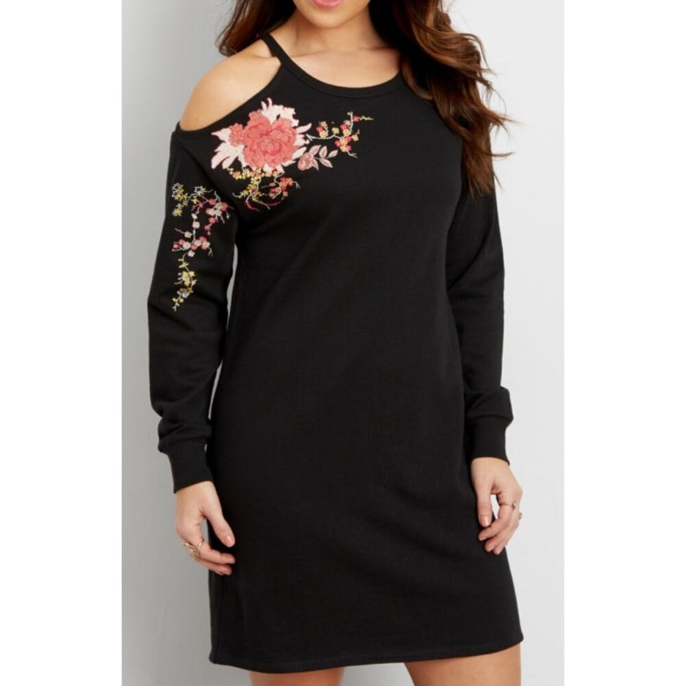 Maurices Cold Shoulder Black Embroidered Sweatshirt Mini Dress US Womens S